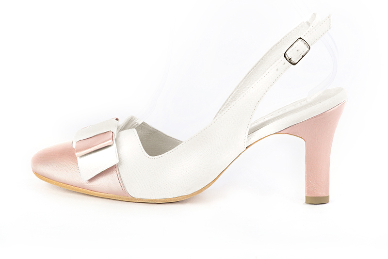 Powder pink and off white women's open back shoes, with a knot. Round toe. High kitten heels. Profile view - Florence KOOIJMAN